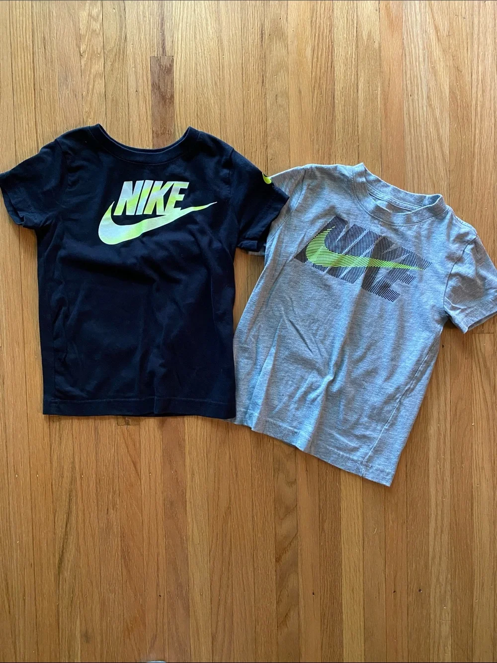Nike Kids Short Sleeve Logo Tees in Black & Gray with Neon Green Swoosh